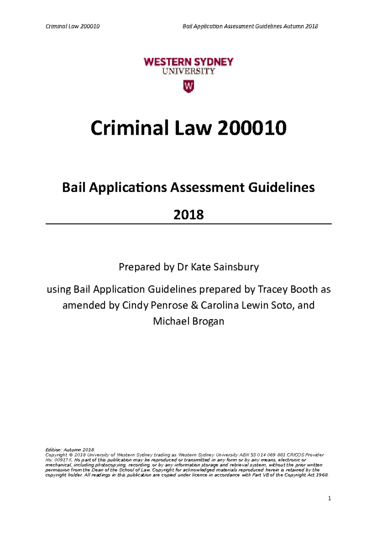 Bail Application Assessment Student Guidelines 2018 Criminal Law