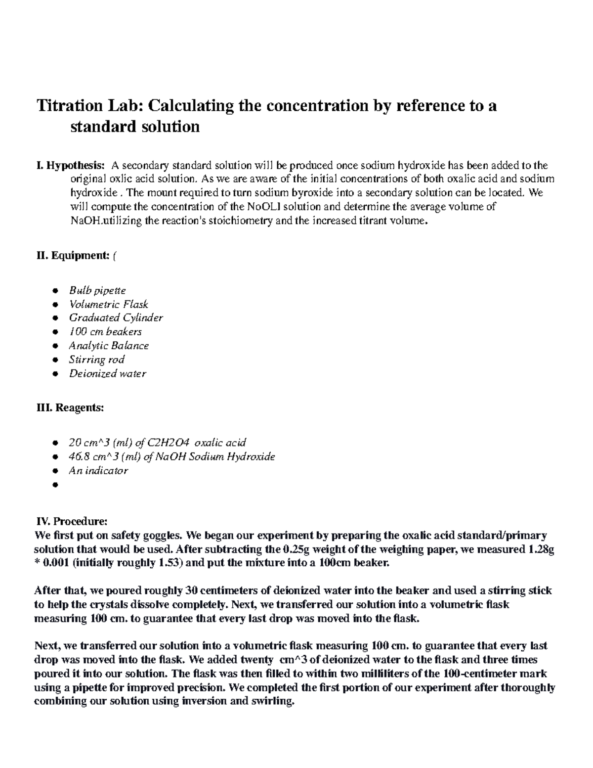 Sample+Lab+Report chemistry lab Titration Lab Calculating the