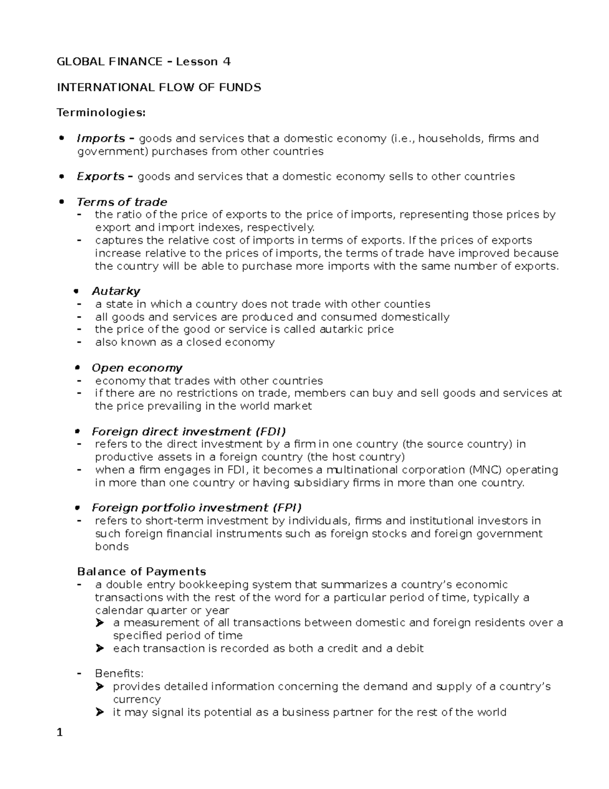 Lesson 4 International Flow of Funds - GLOBAL FINANCE – Lesson 4 ...