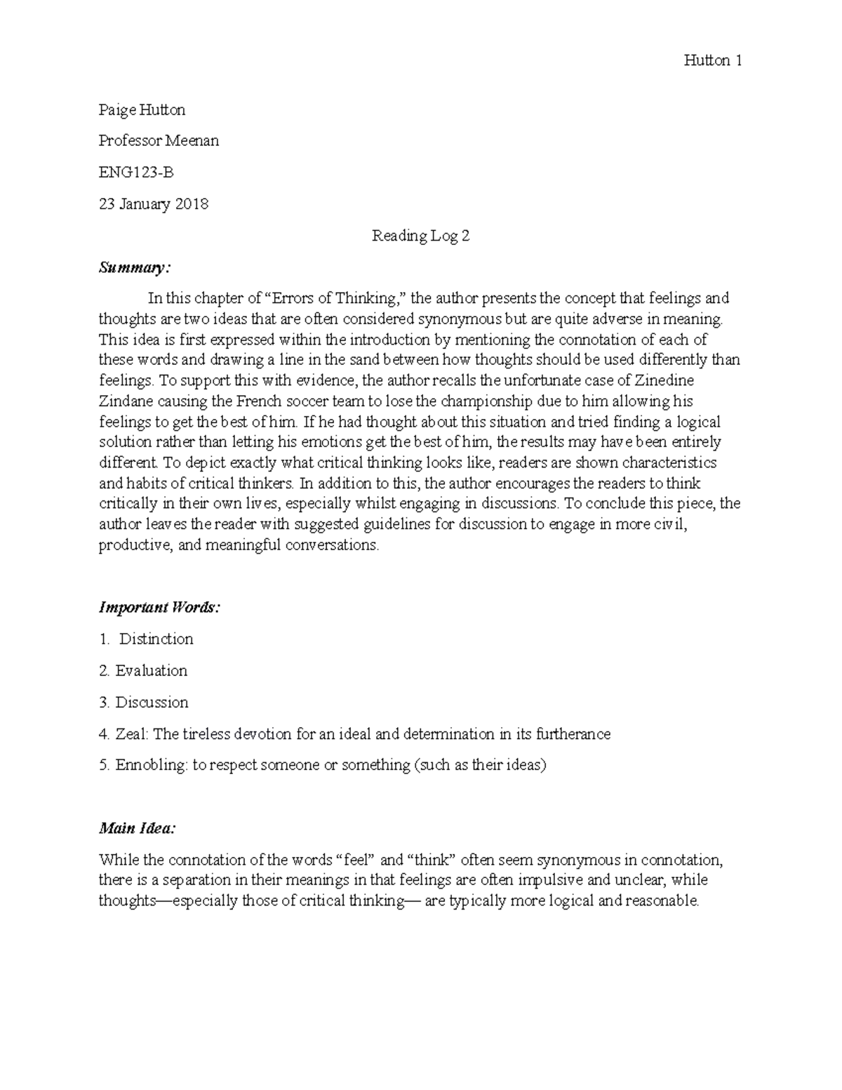 ENG123 Reading Log 2 Hutton 1 Paige Hutton Professor Meenan ENG123 B