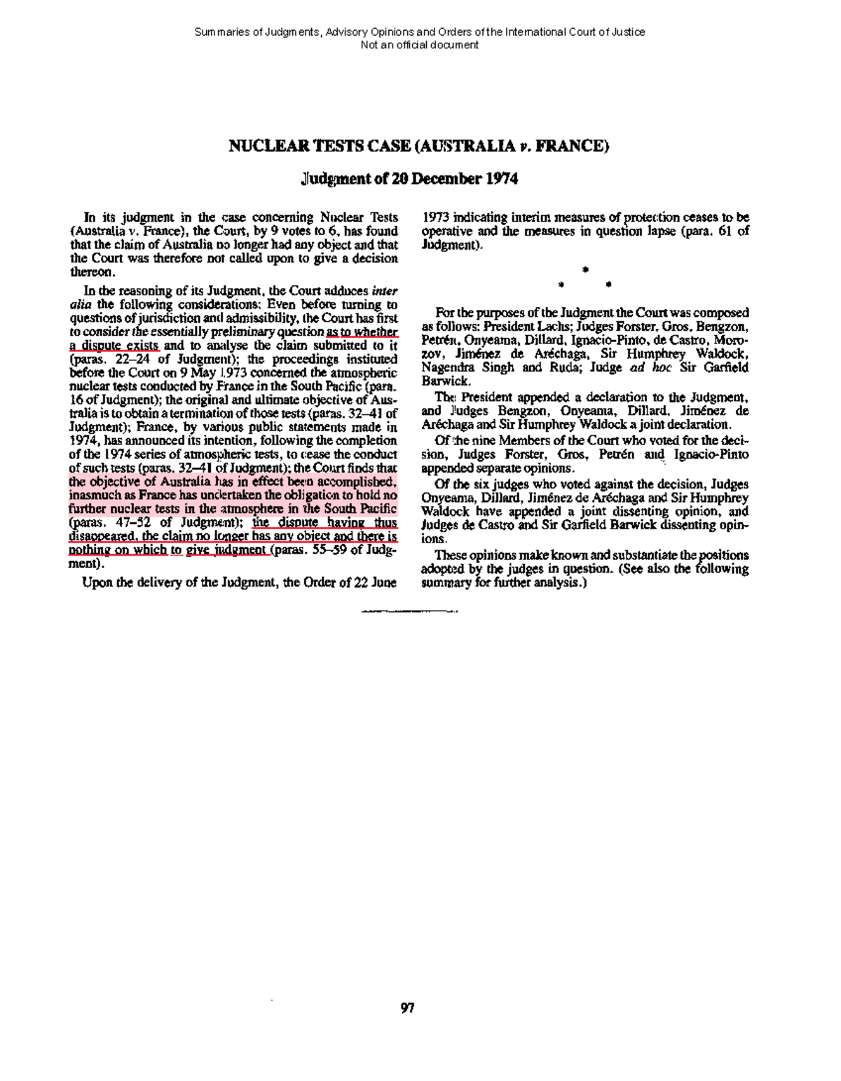 Nuclear Tests Case - Very helpful case summary - NUCLEAR TESTS CASE ...