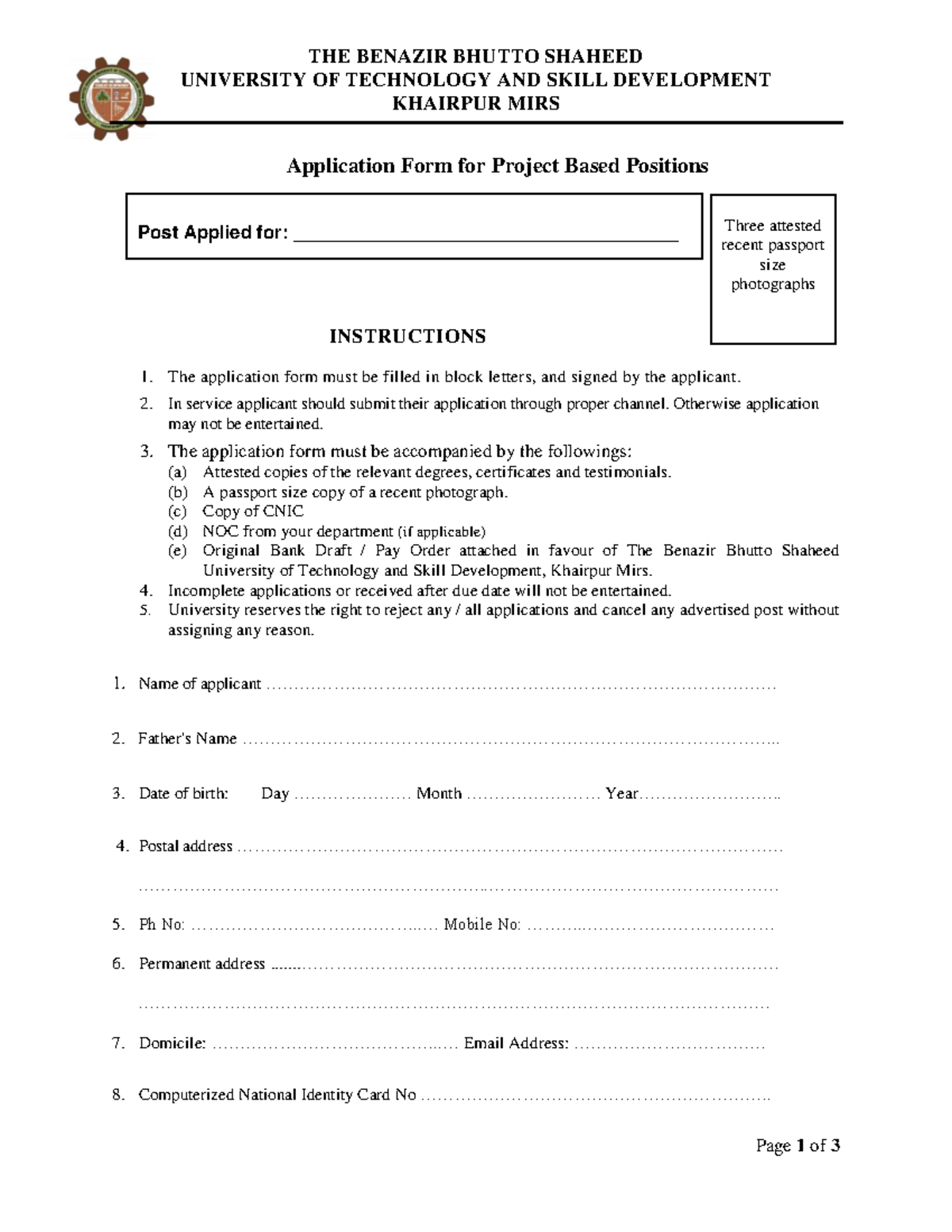 Job application form 11 05 2023 Page 1 of 3 THE BENAZIR BHUTTO SHAHEED UNIVERSITY OF