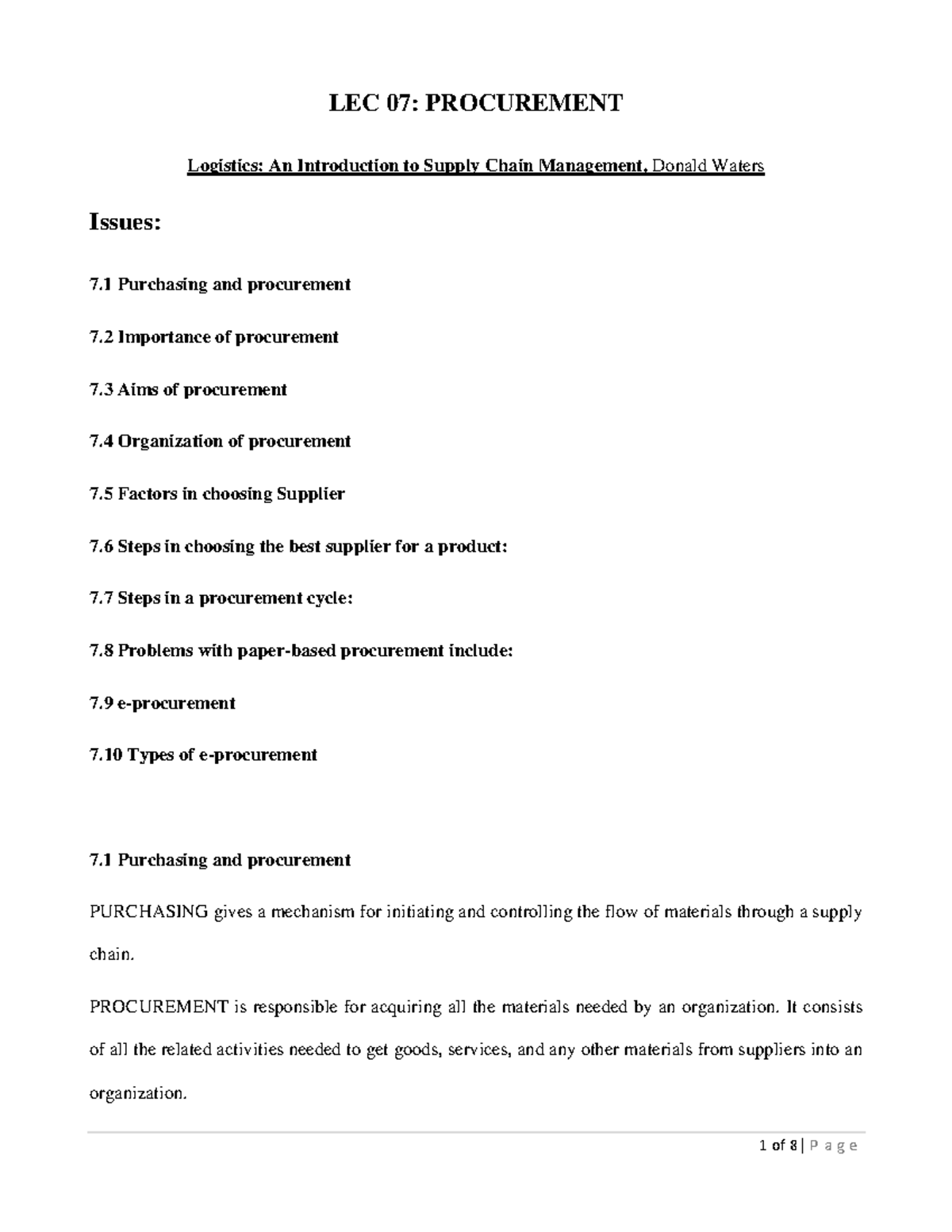 Lecture 07 - Notes - LEC 07: PROCUREMENT Logistics: An Introduction to ...