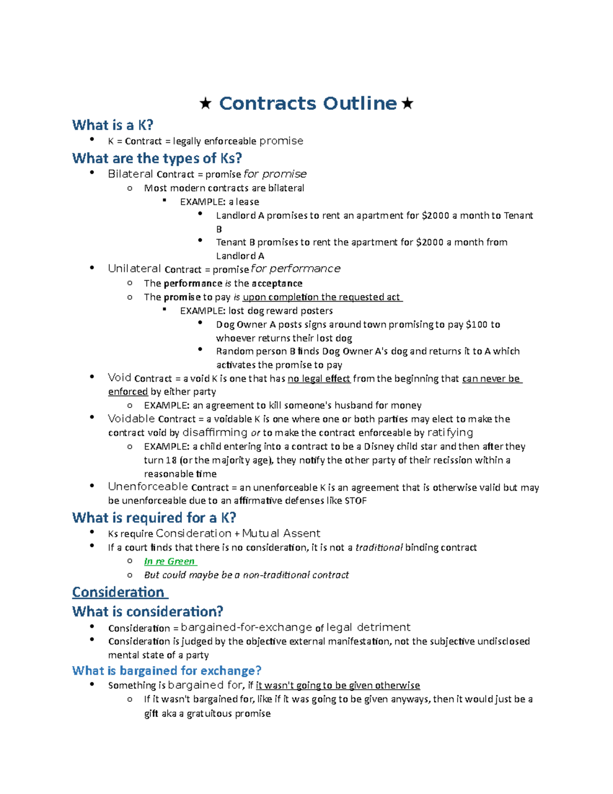Williams Contracts Outline - Contracts Outline What is a K? K ...