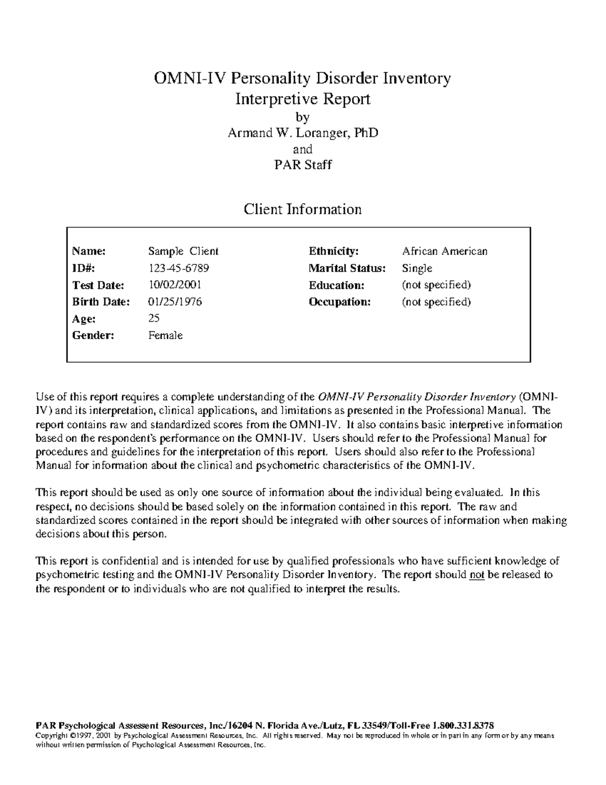OMNI IV Personality Disorder Inventory Interpretive Report - PAR ...