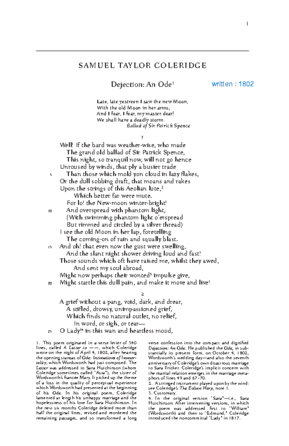 Dejection An Ode Text Colleridge SAMUEL TAYLOR COLERIDGE Dejection
