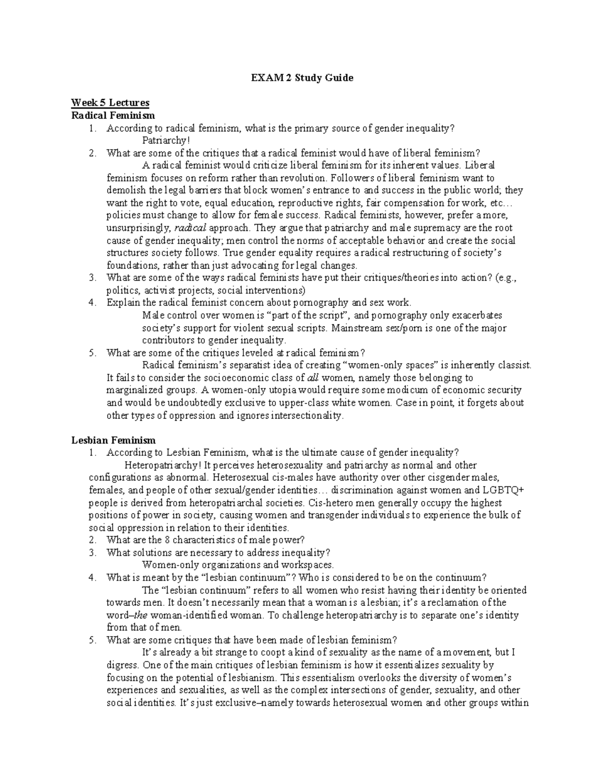 Study Guide Exam 2 WGSS - Test review - EXAM 2 Study Guide Week 5 ...