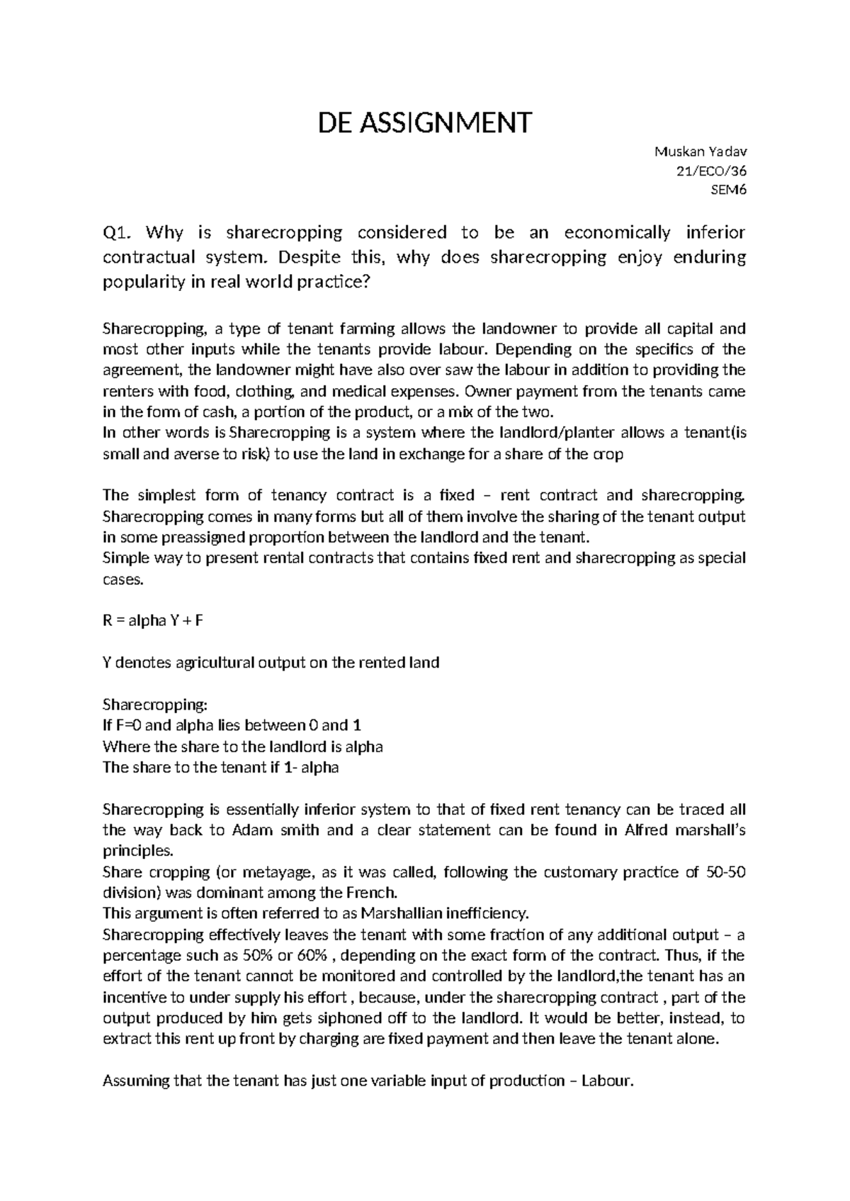 DE Assignment - de assigmet - DE ASSIGNMENT Muskan Yadav 21/ECO/ SEM Q1 ...