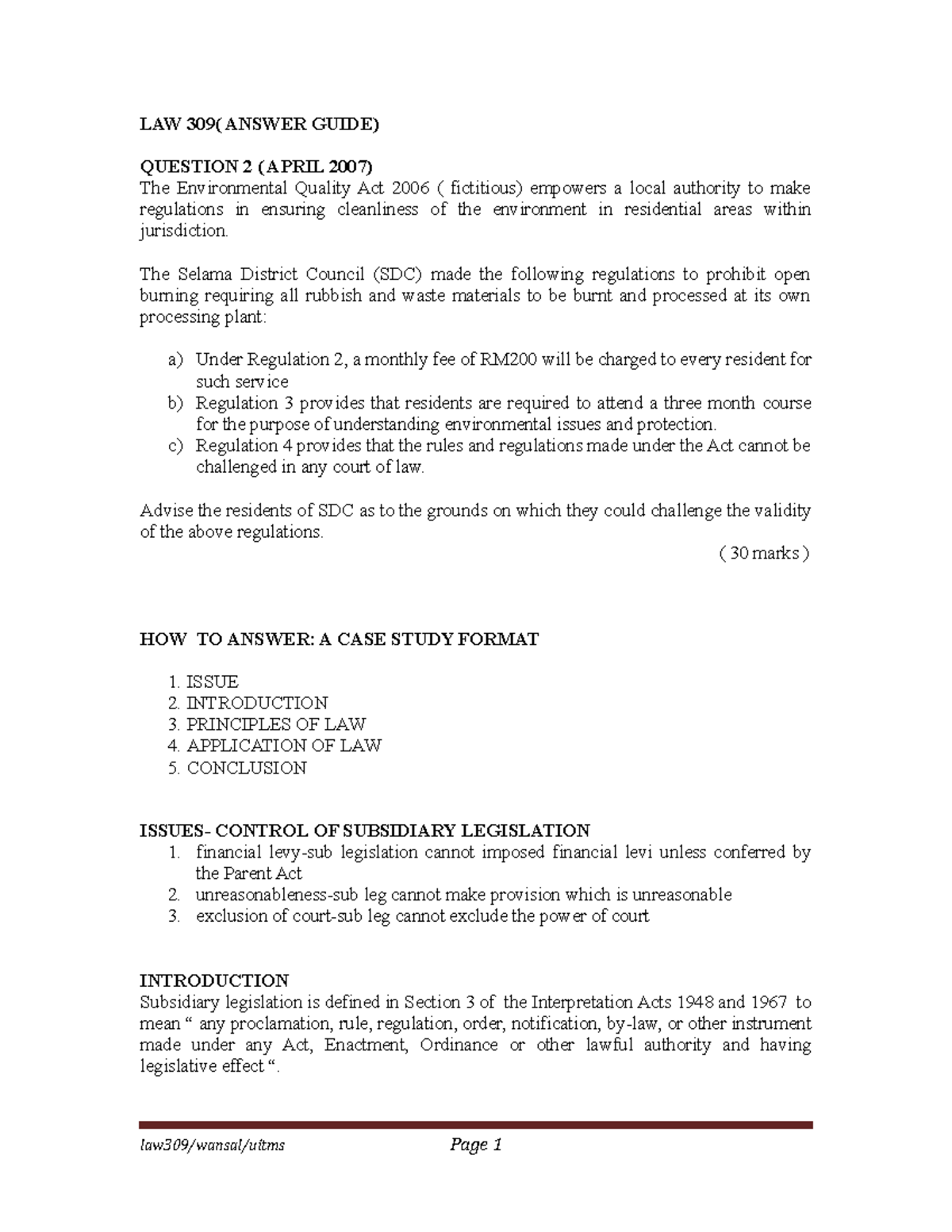 LAW309 ANS Guide(SL) - LAW 309( ANSWER GUIDE) QUESTION 2 ( APRIL 2007 ...