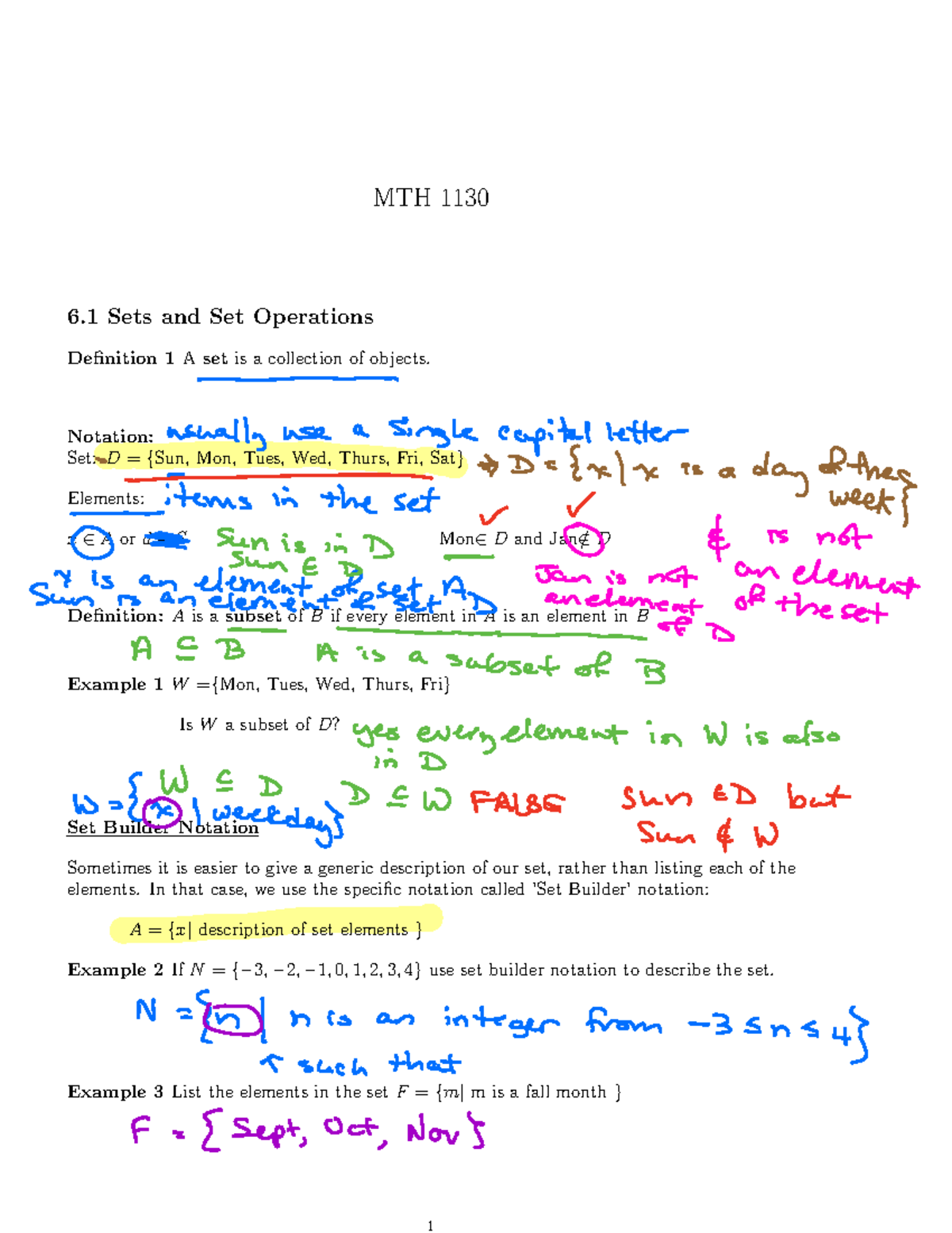 Chapter 6 Notes - MTH 1130 6 Sets and Set Operations Definition 1 A set ...