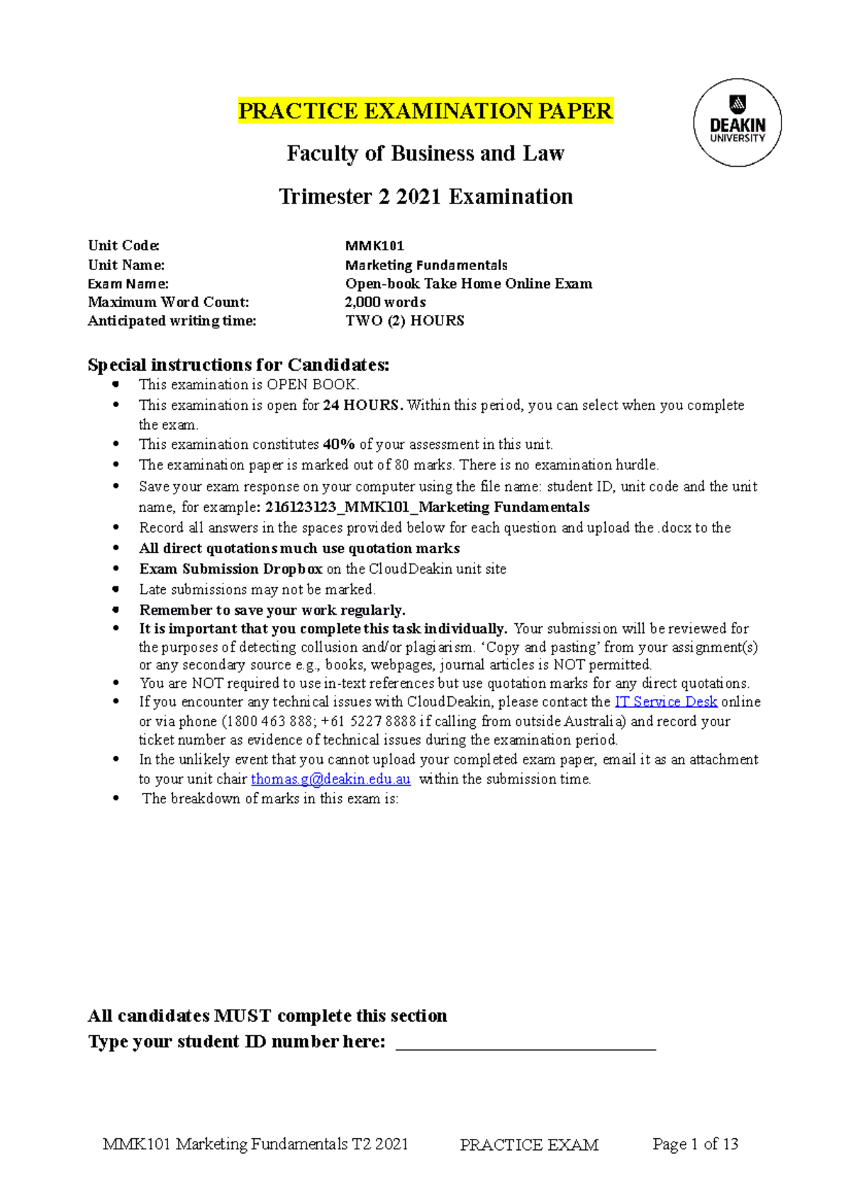 MMK101 T2 2021 Practice Exam Paper - MMK101 - Deakin - Studocu