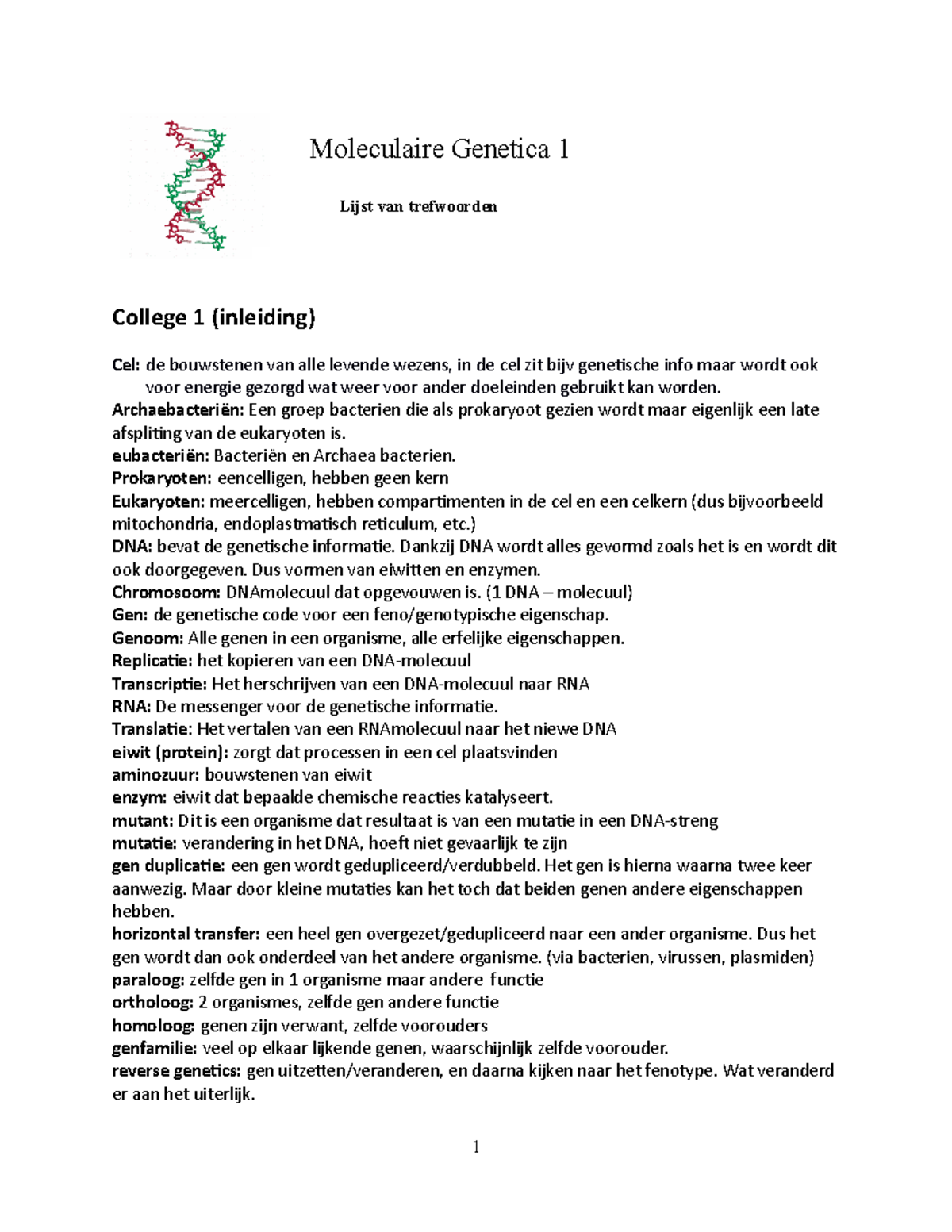 Samenvatting - Trefwoorden Colleges 1-15 - Moleculaire Genetica 1 Lijst ...