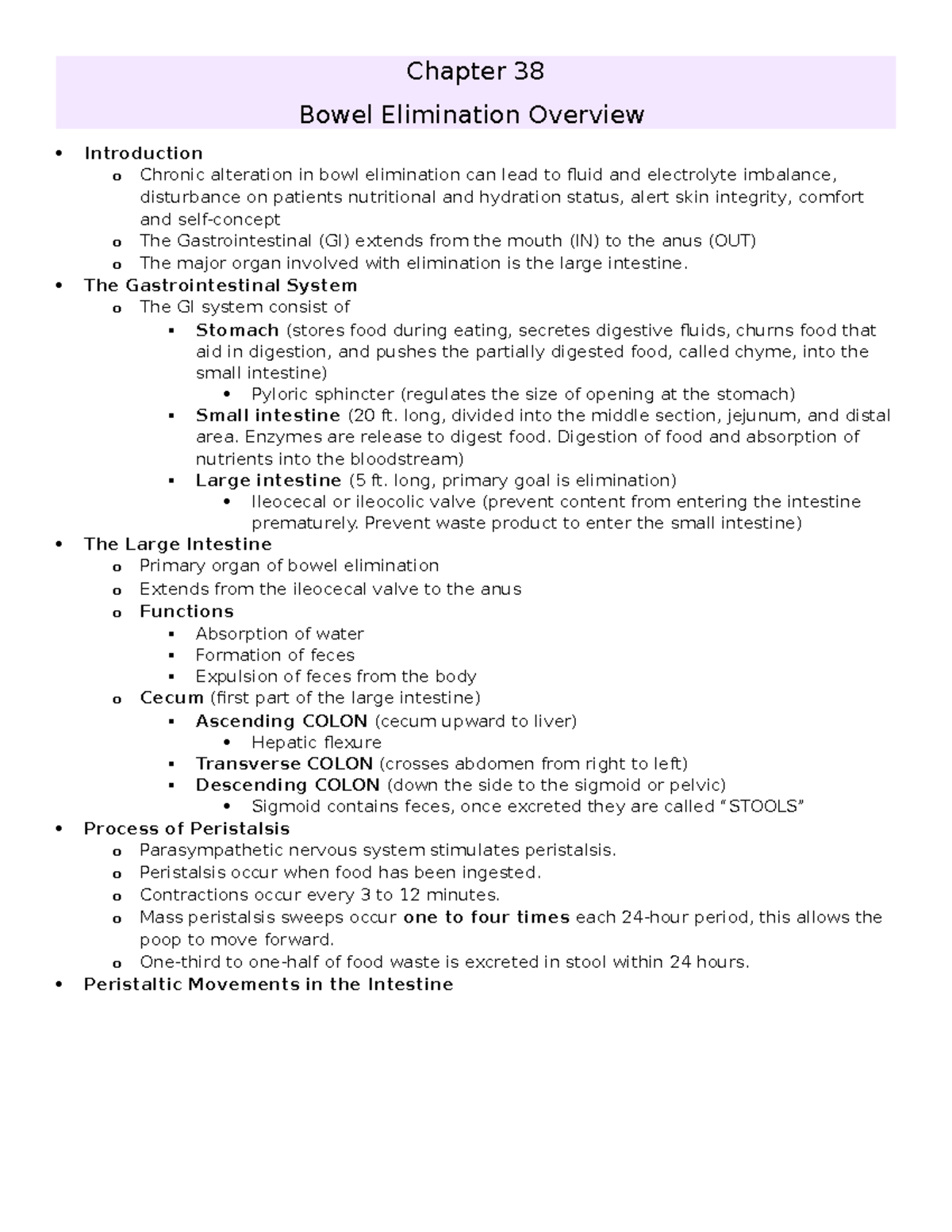 (3) Ch. 38 - Bowel Elimination Overview - Chapter 38 Bowel Elimination ...