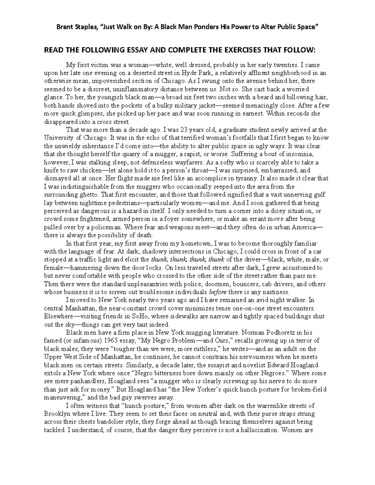 R & R Brent Staples Remote Version - READ THE FOLLOWING ESSAY AND ...