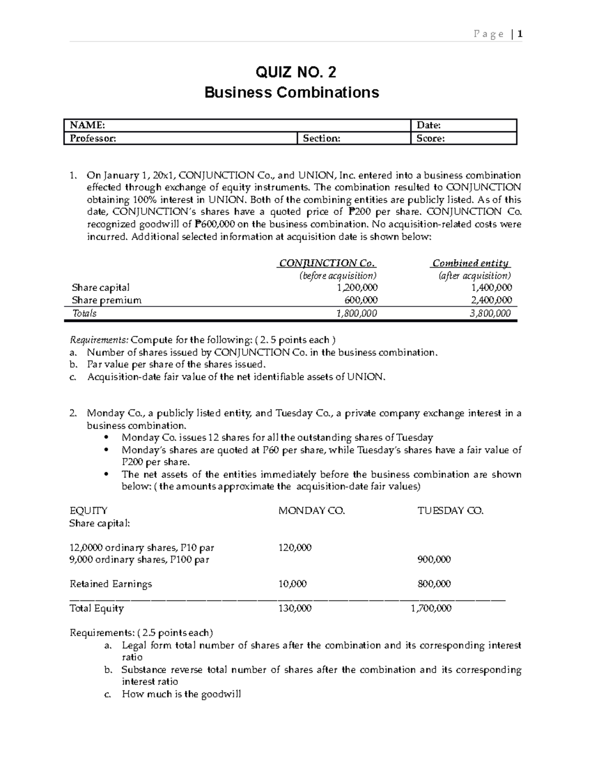 MIDTERM 2020, questions and answers - P a g e | 1 QUIZ NO. 2 Business ...