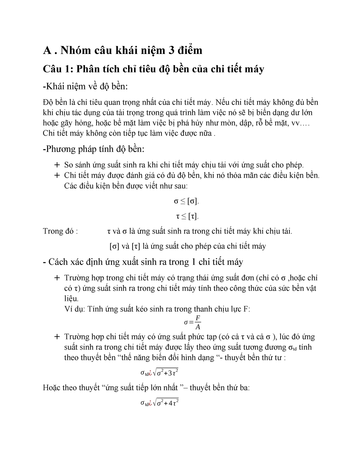 đề cương ôn tập chi tiết máy - A. Nhóm câu khái niệm 3 điểm Câu 1: Phân ...