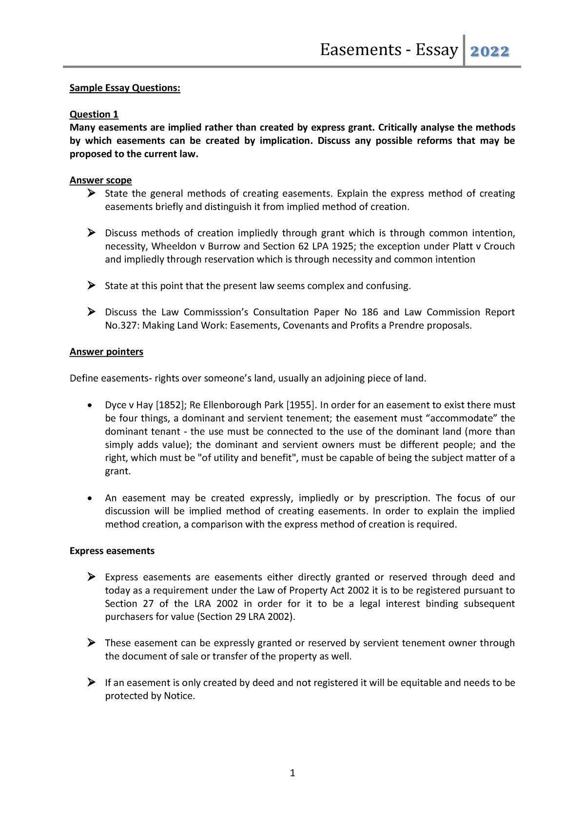 Easement - Essay - Sample Essay Questions: Question 1 Many easements ...