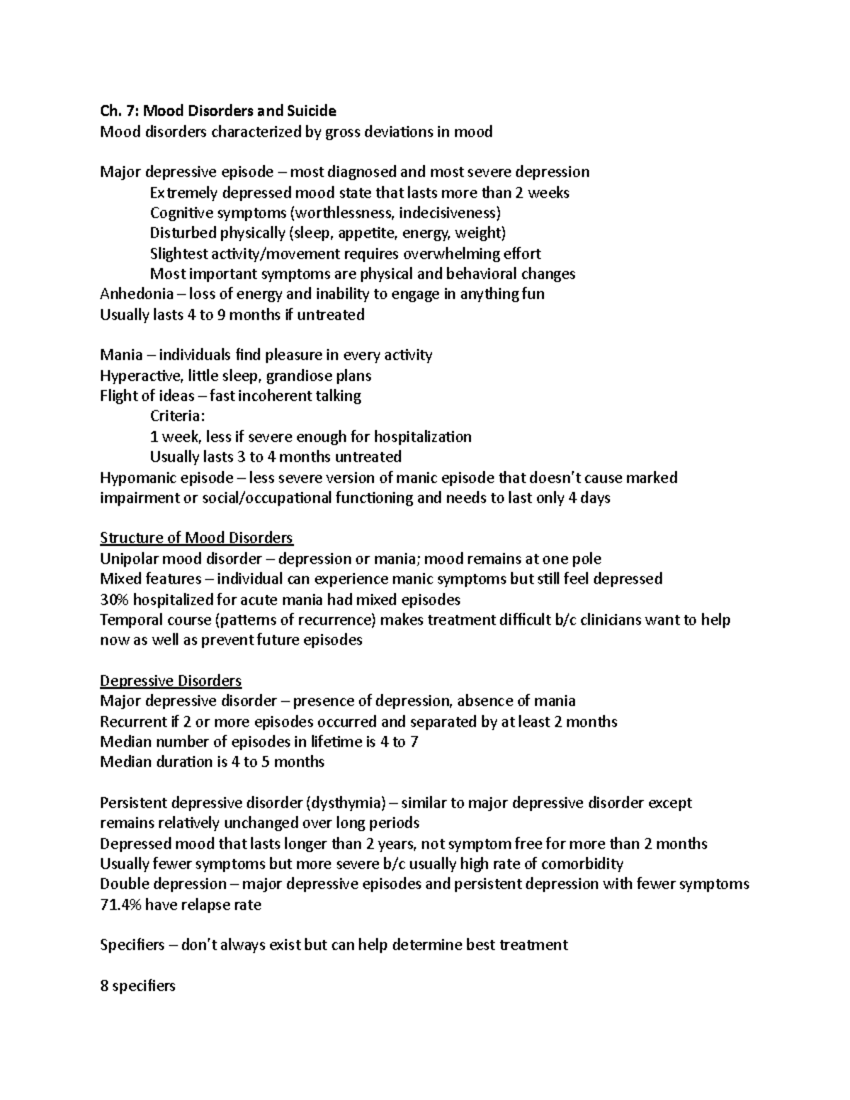 Ch 7 Notes - lecture 7 - Ch. 7: Mood Disorders and Suicide Mood ...