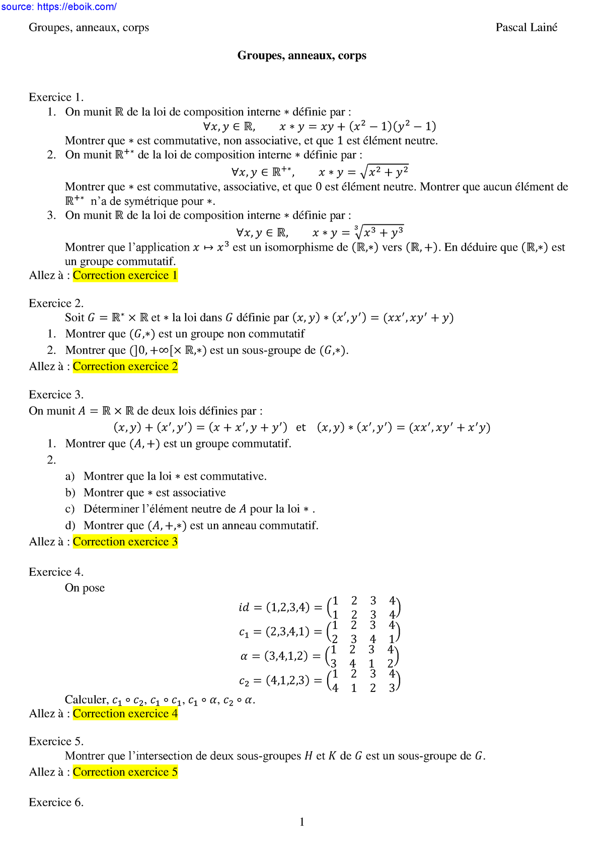 Exercices Corriges Groupe Groupes Anneaux Corps Pascal Lain