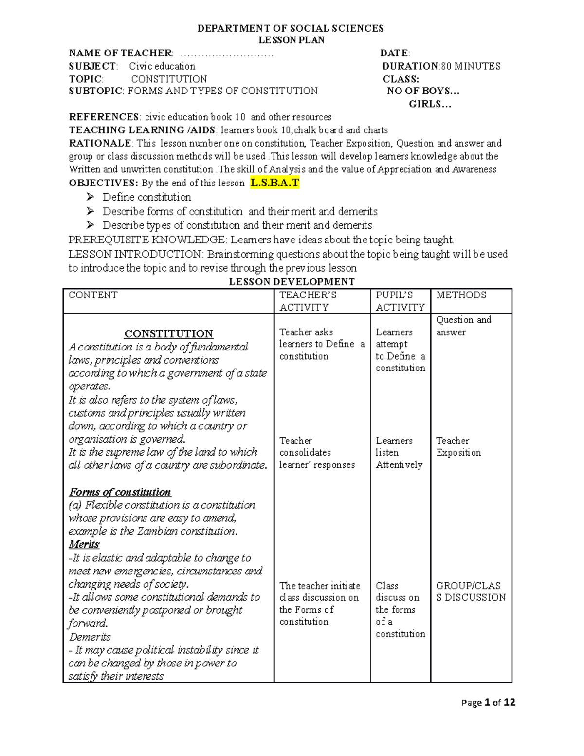 G10. Constitution. Lesson Plans - DEPARTMENT OF SOCIAL SCIENCES LESSON ...