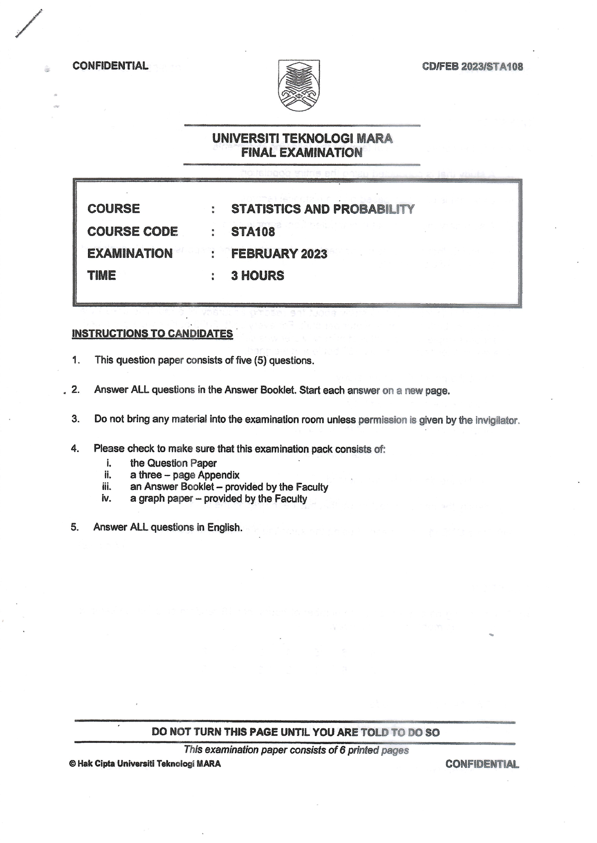 STA108 February 2023 - Exam Paper - Statistic - Studocu