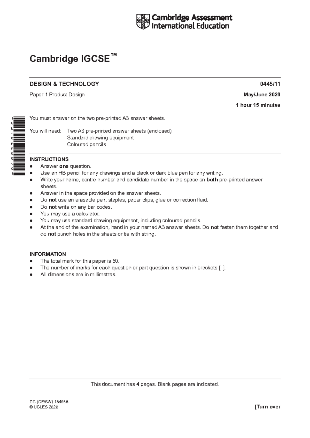 0445 s20 qp 11 - D&T - Cambridge IGCSE ™ This document has 4 pages ...