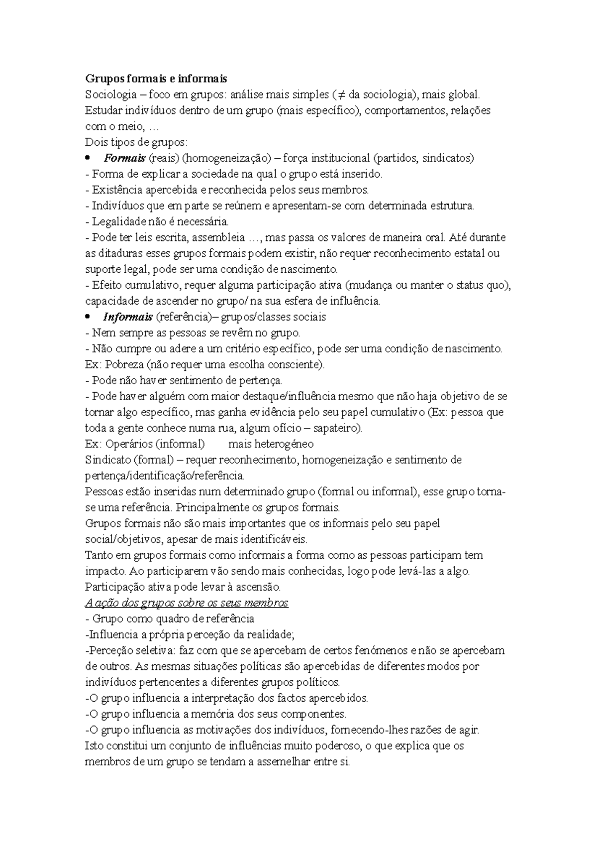 Sociologia Política Primeiro Teste - Grupos formais e informais ...