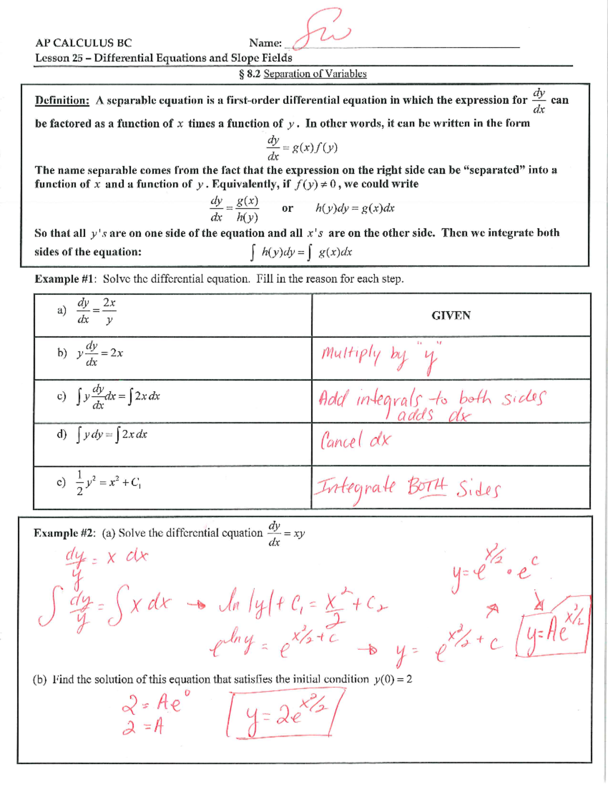 Lesson 25 Differential Equations and Slope Fields KEY In other words