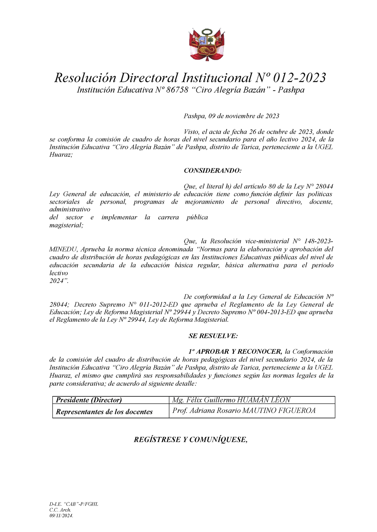 Resolucion Directoral Comision Cuadro DE Horas 2024 - Resolución ...