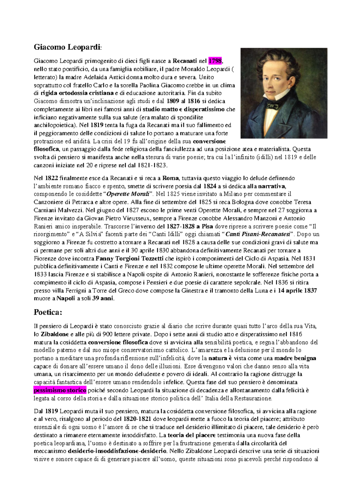 giacomo leopardi data di nascita