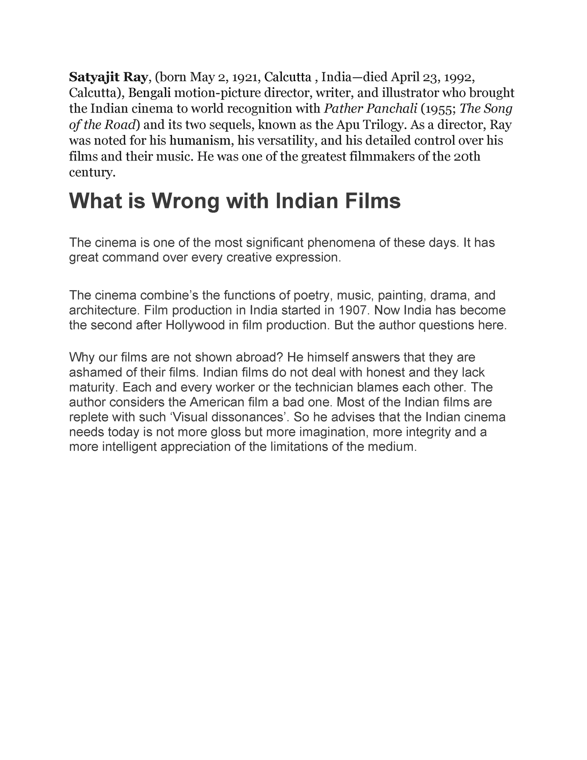 film making by satyajit ray essay