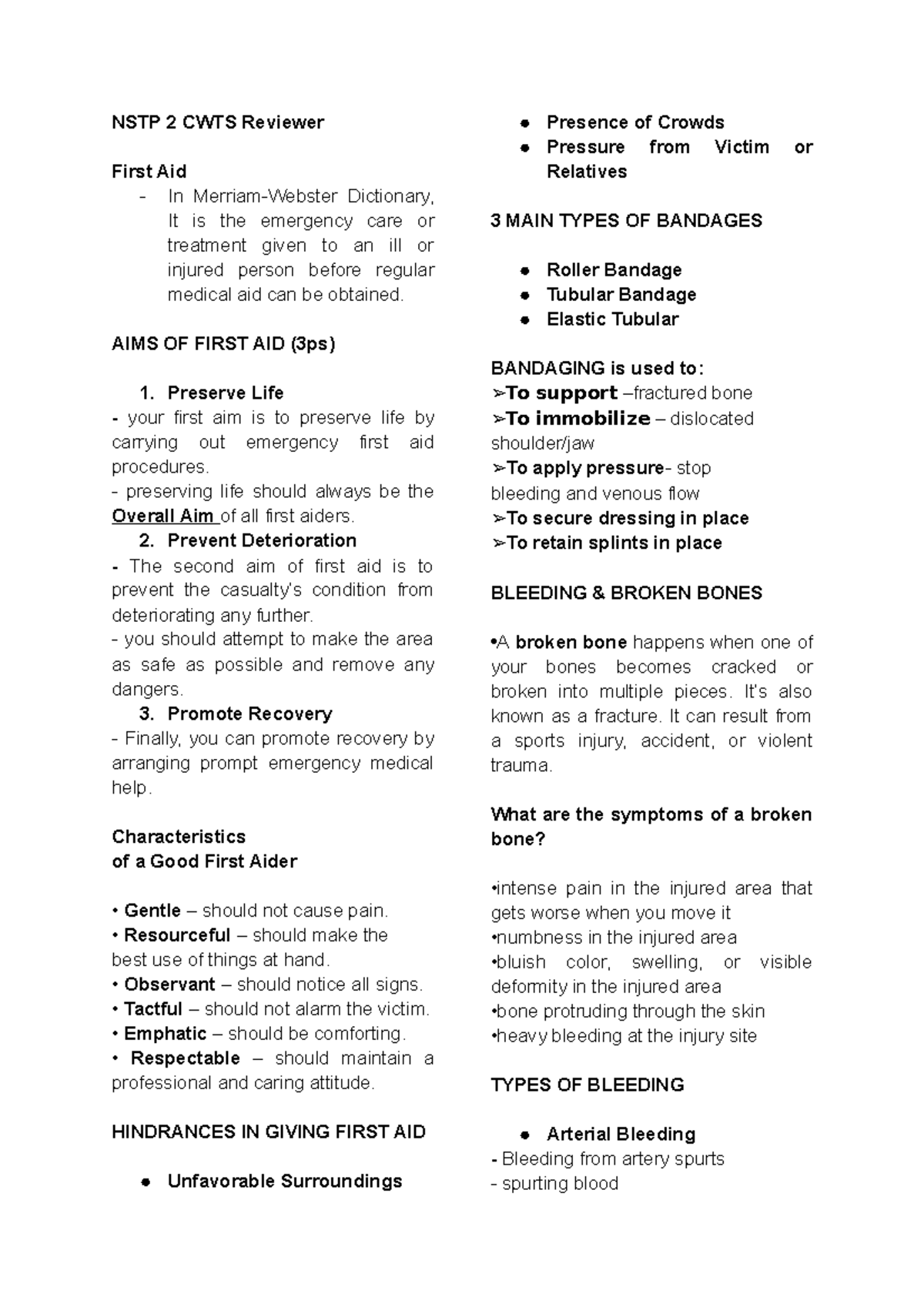 NSTP- Reviewer-1 - mag aral mabuti - NSTP 2 CWTS Reviewer First Aid ...