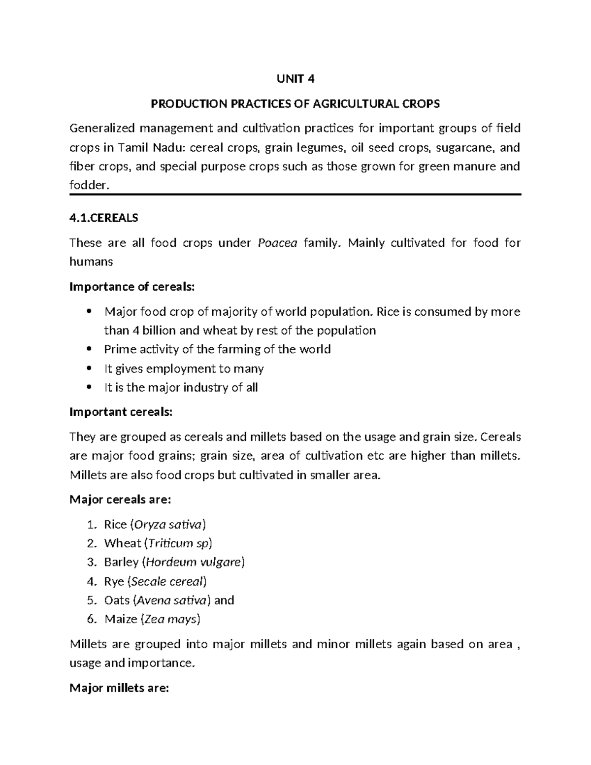 UNIT 4 Production Practices OF Agricultural Crops UNIT 4 PRODUCTION