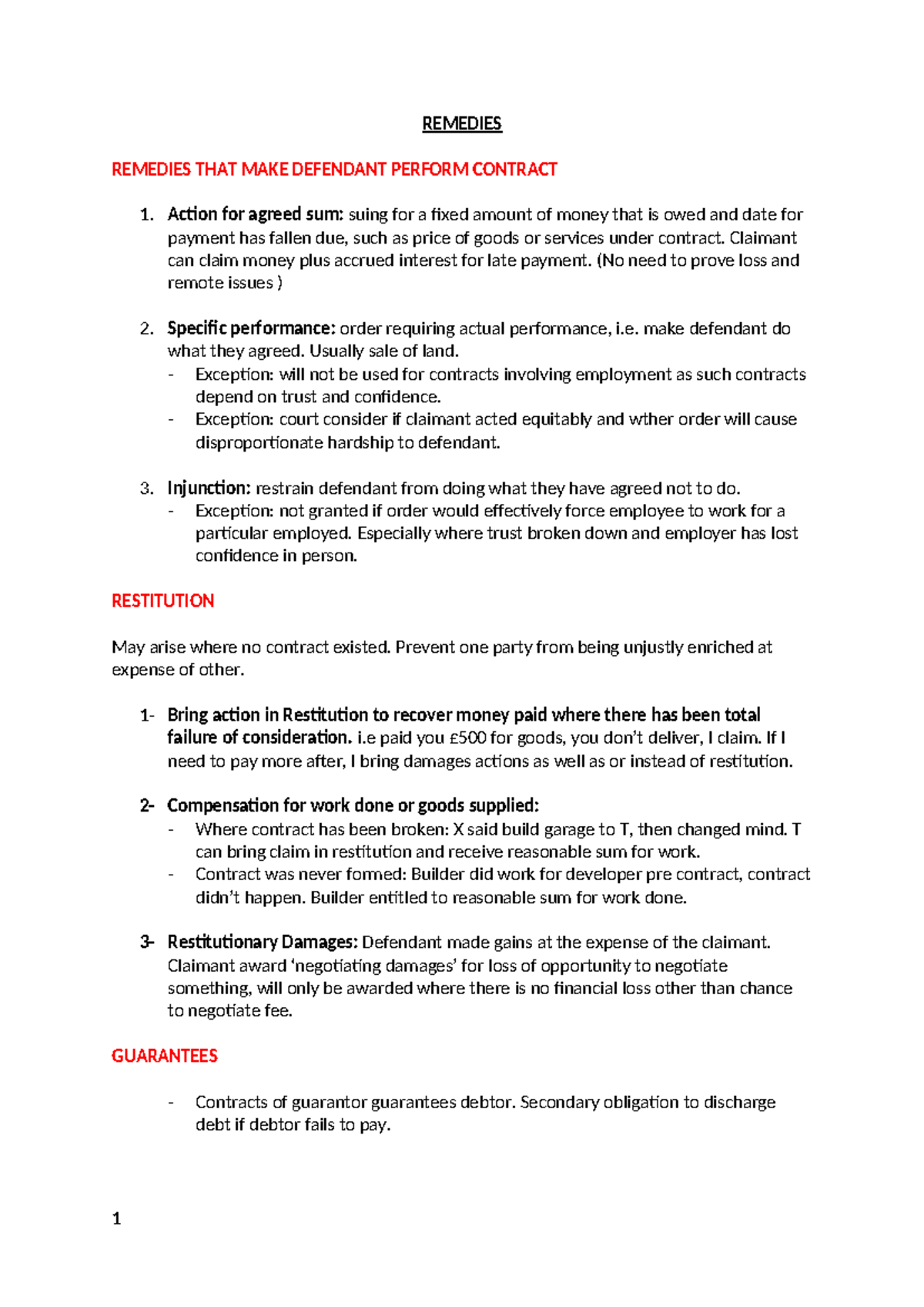 My notes - Contract remedies - REMEDIES REMEDIES THAT MAKE DEFENDANT ...