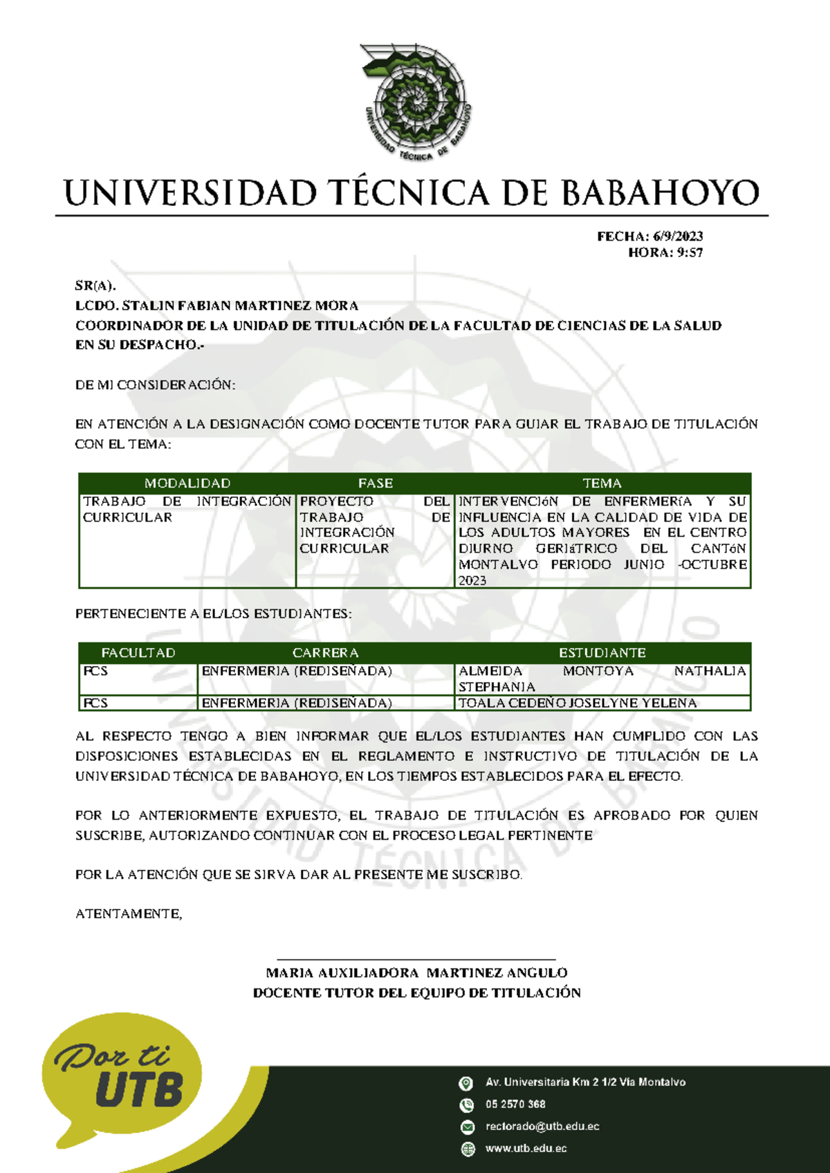 2 DOC Toala Y Almeida - ninguno - FECHA: 6/9/ HORA: 9: SR(A). LCDO ...