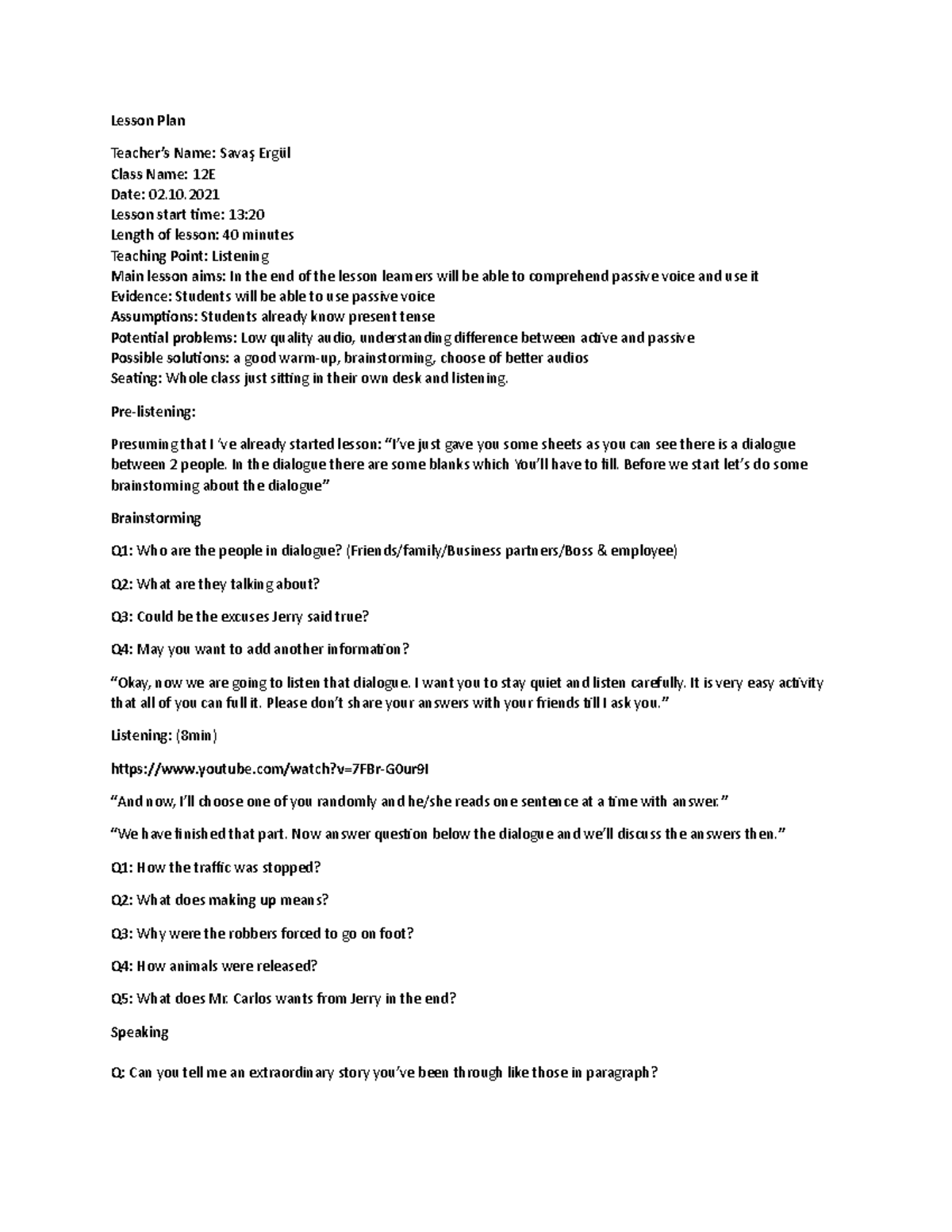 Active Passive Listening Course Lesson Plan - İrem - Trakya - Studocu