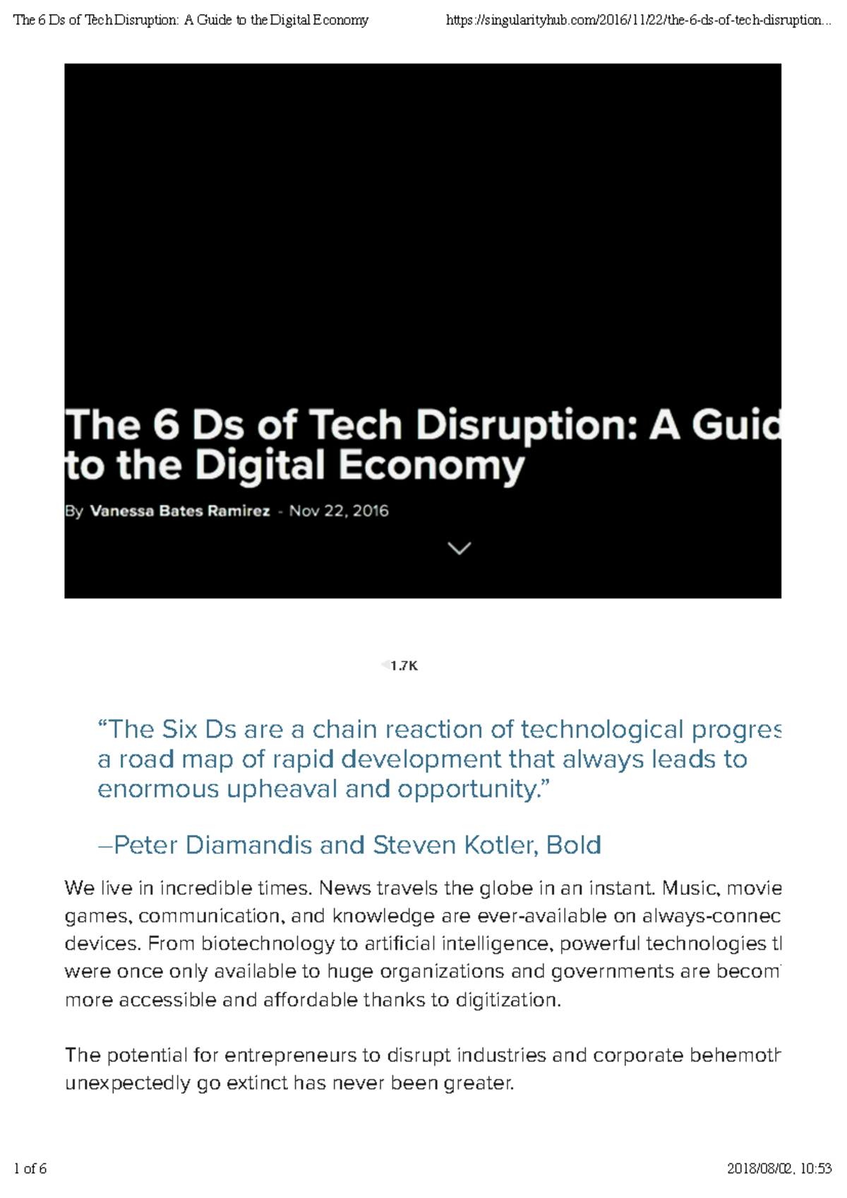 Ramirez 2016 The 6 Ds Of Tech Disruption A Guide To The Digital 