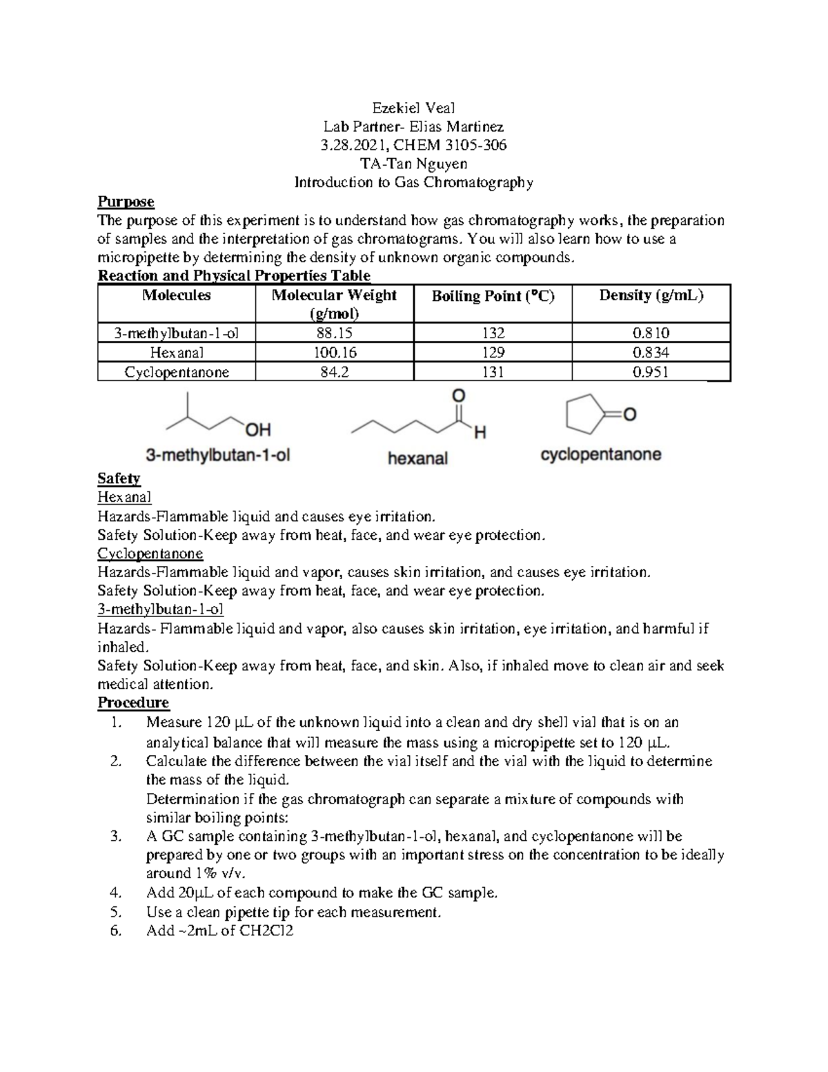 Ochem Lab Report 7 - Introduction to Gas Chromatography - Ezekiel Veal ...