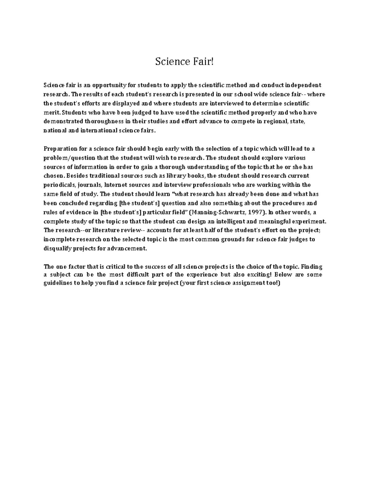 Sci fair summer HW AG - Science Fair! Science fair is an opportunity ...