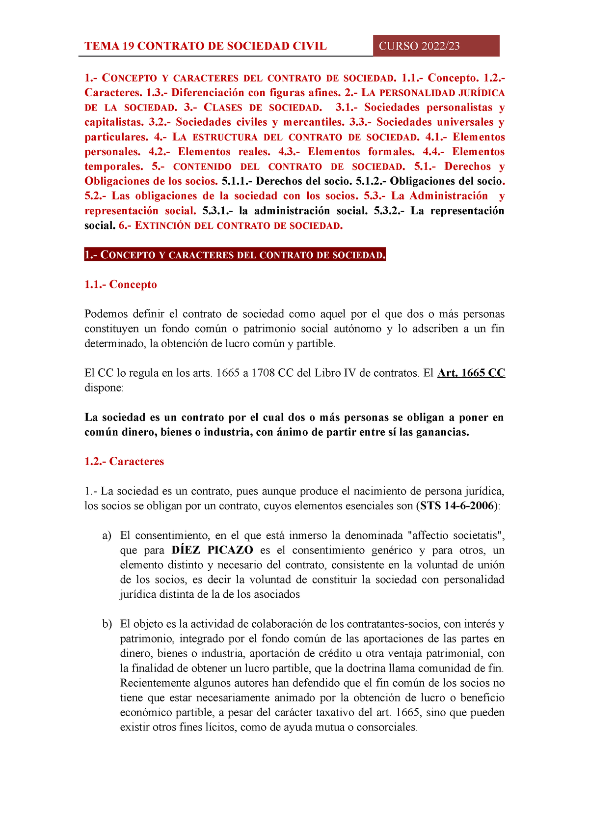 TEMA 19 Contrato DE Sociedad - 1.- CONCEPTO Y CARACTERES DEL CONTRATO ...