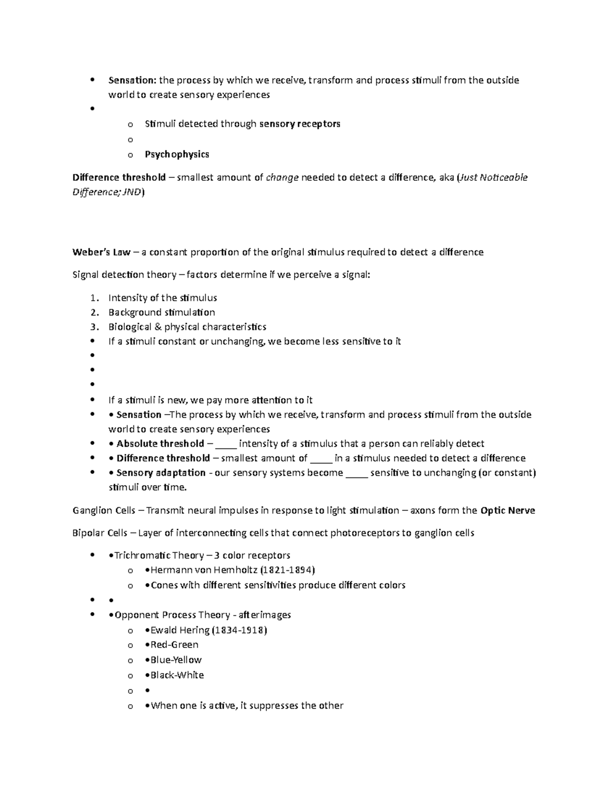 Document 4 - Lecture notes 6 - Sensation: the process by which we ...
