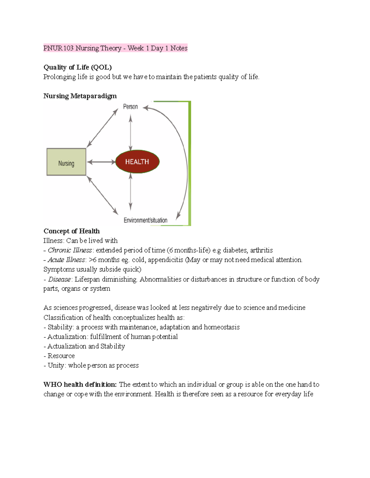 Week 1 Day 1 Notes - ‎‎‎ - PNUR103 Nursing Theory - Week 1 Day 1 Notes ...