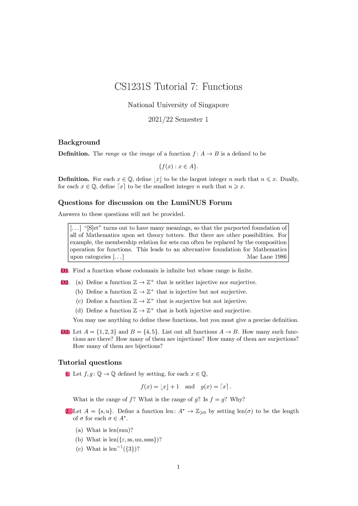 Tut07qns - Tutorial - CS1231S Tutorial 7: Functions National University ...