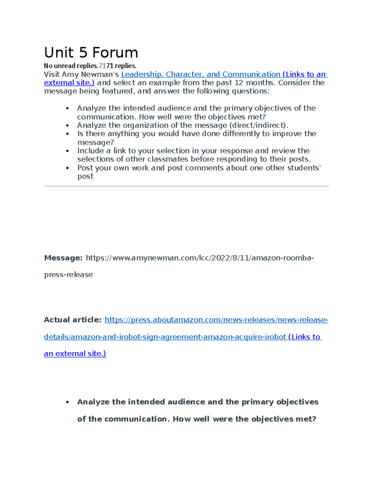 Unit 5 forum A grade 26 - Unit 5 Forum No unread replies. 71 71 replies ...