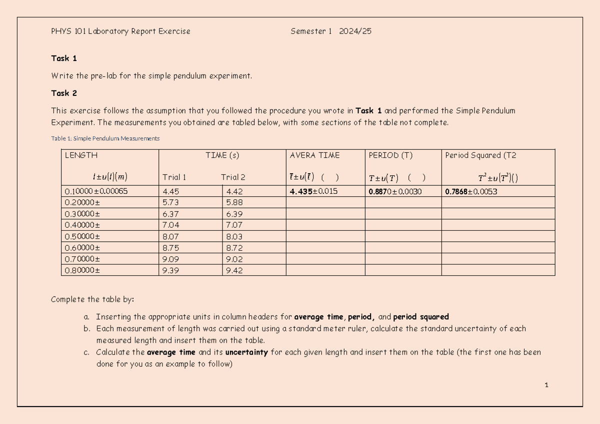 LAB Exercise- PHYS 101 2024-2025 - Task 1 Write the pre-lab for the ...