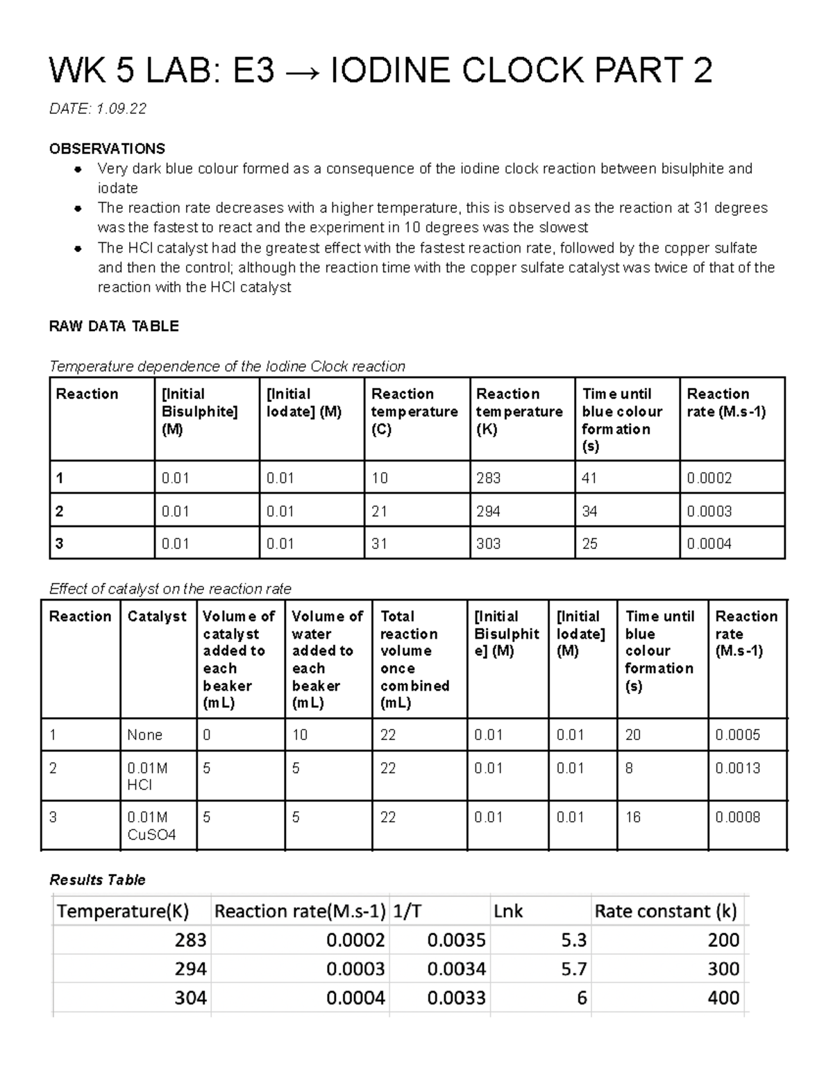 WK 5 LAB E3 → Iodine Clock PART 2 - WK 5 LAB: E3 → IODINE CLOCK PART 2 ...