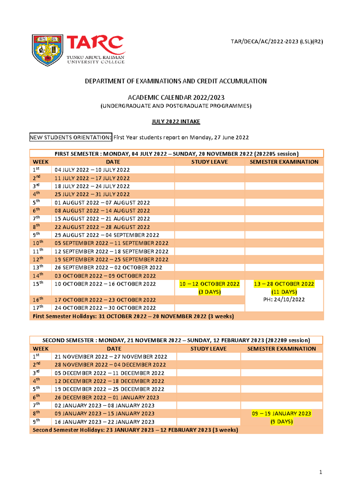 Academic Calender 2022 - 1 TAR/DECA/AC/ 2022 - 2023 (LSL)(R2 ...