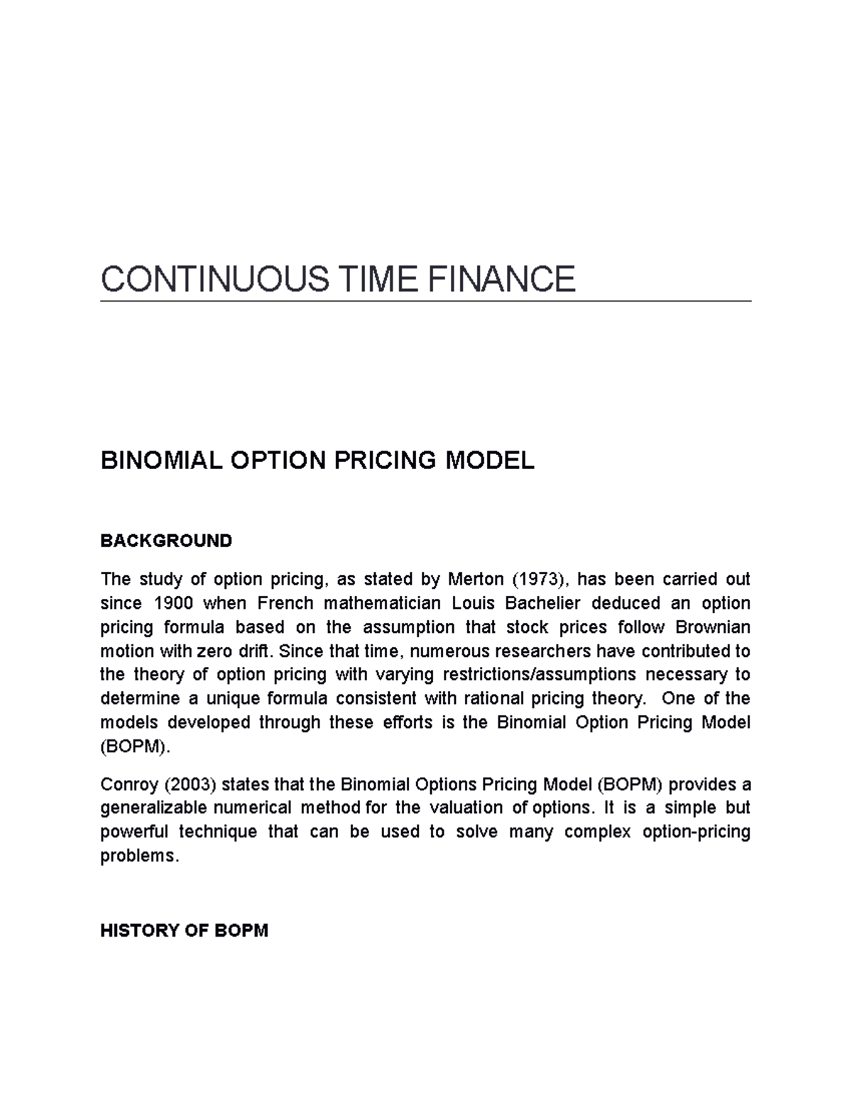 Binomial Option Pricing-Word Copy - CONTINUOUS TIME FINANCE BINOMIAL ...