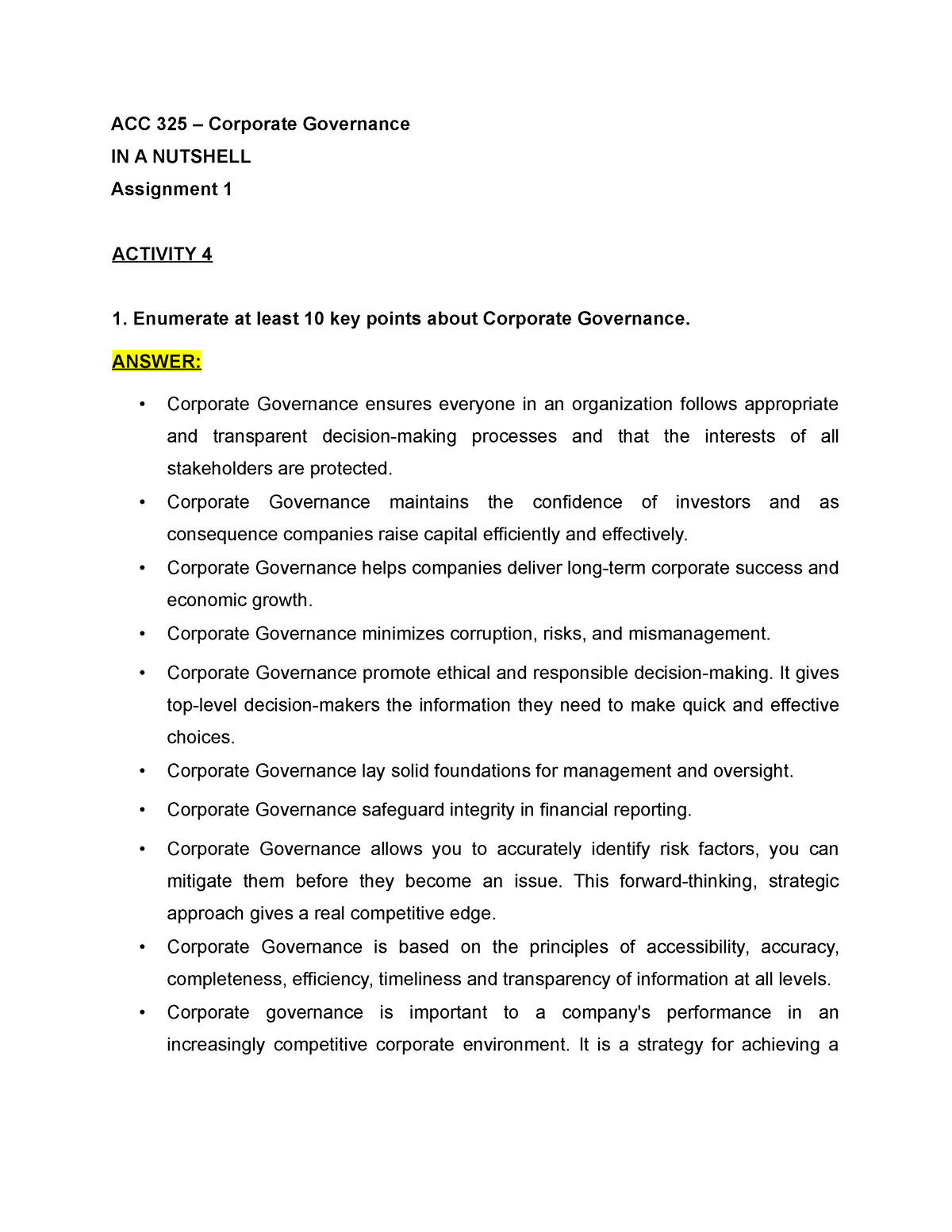 corporate governance assignment questions