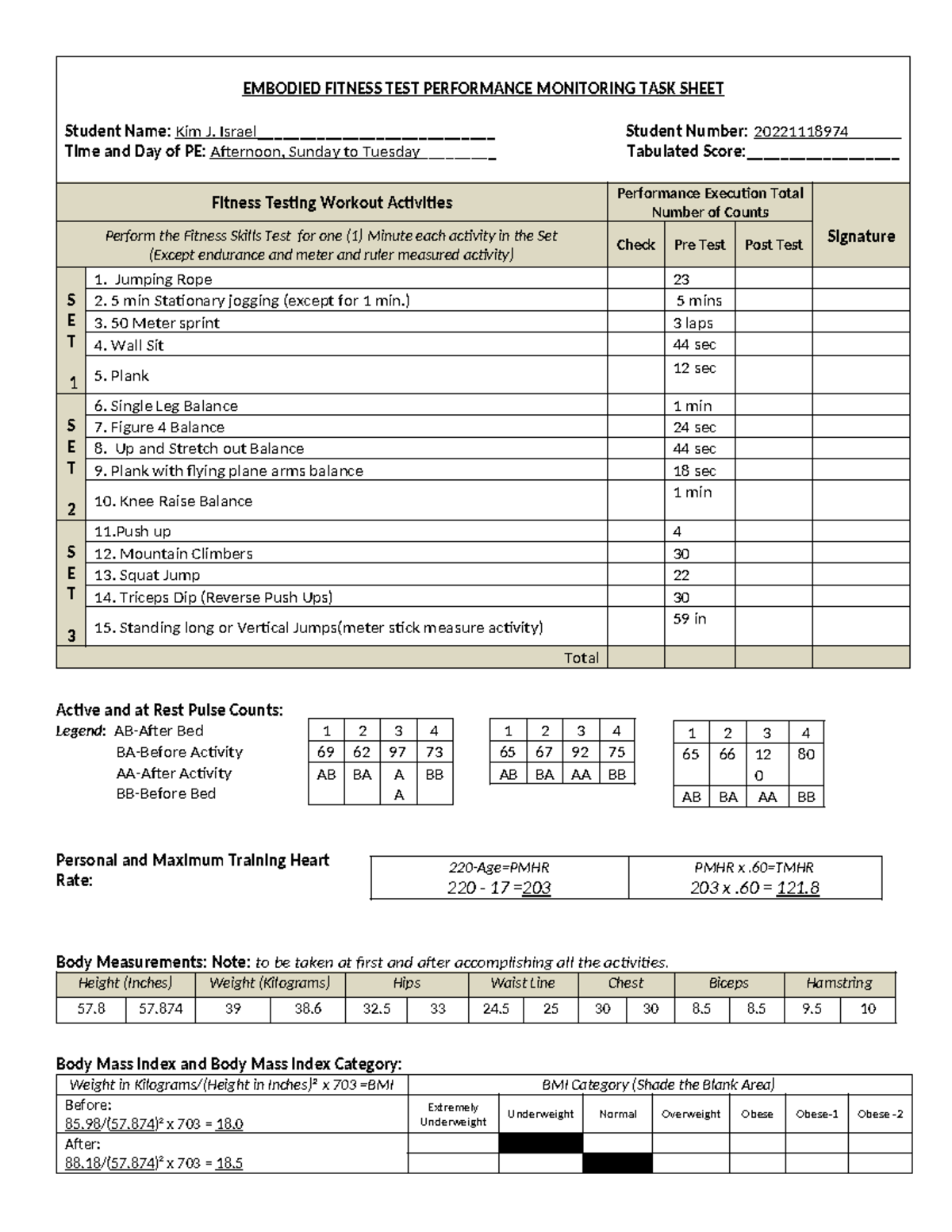 Embodied Fitness TEST Performance Monitoring TASK Sheet - EMBODIED ...